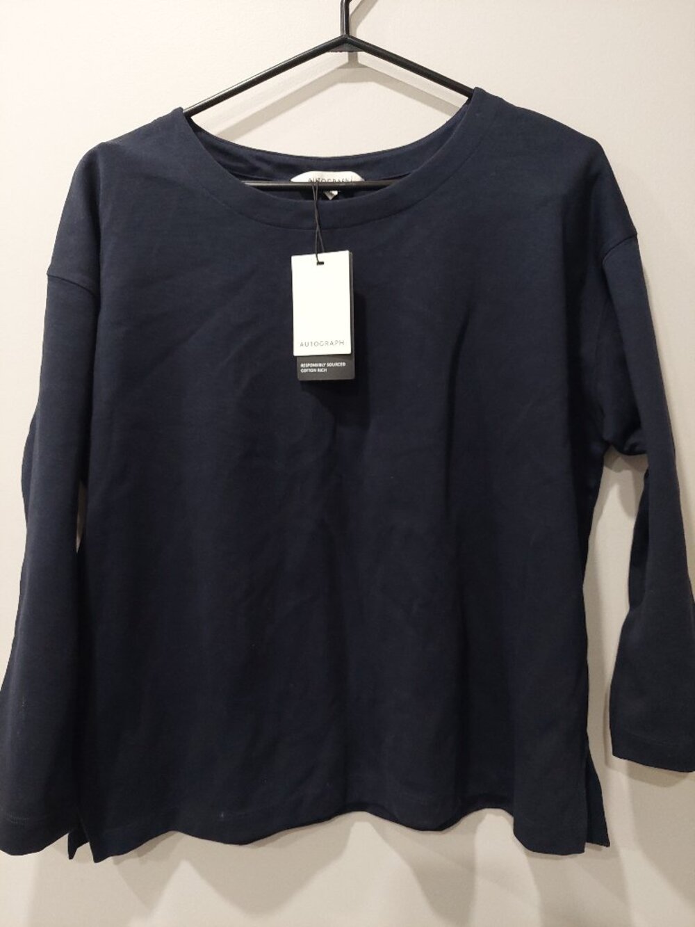M&S Autograph Women's 12 Dark Navy Long Sleeve Casual Boxy Top Cotton Stretch